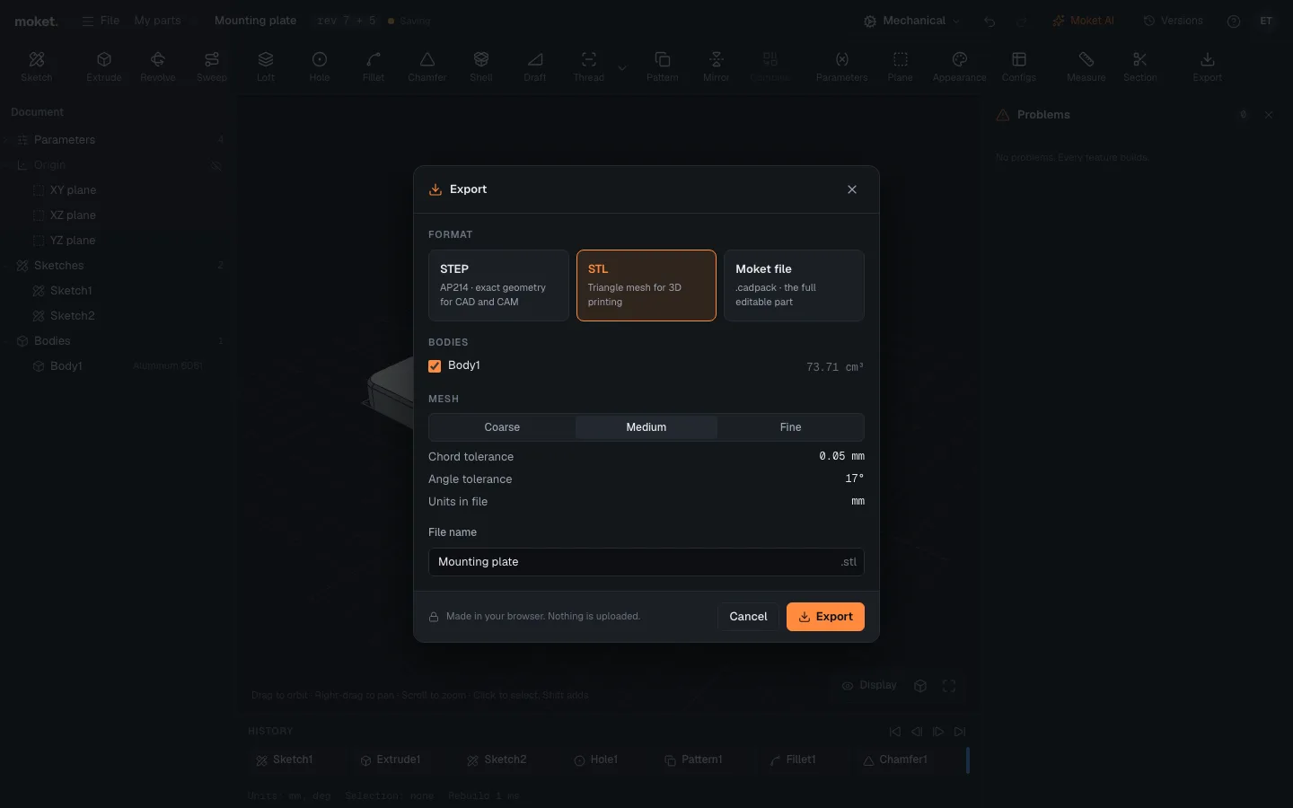 The Export dialog with STEP, STL and Moket file formats.